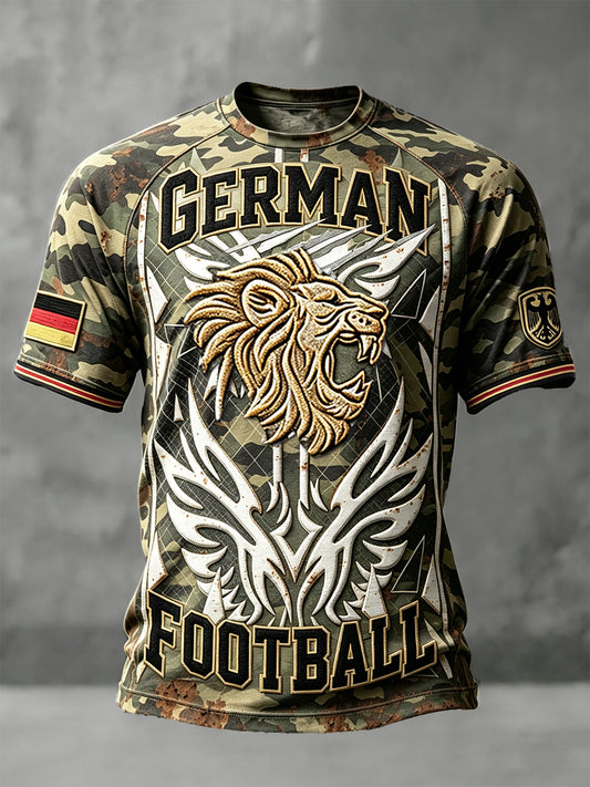 Herren-T-Shirt im Retro-Look mit deutschen Fußballlöwen und Camouflage-Print, lässiger Drop‑Shoulder‑Schnitt