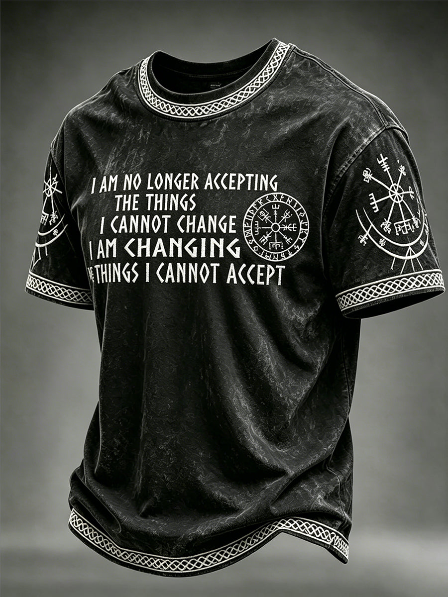 Herren-Vintage-T-Shirt mit Wikinger-Weisheit und „Accept The Change“-Aufdruck, Kurzarm