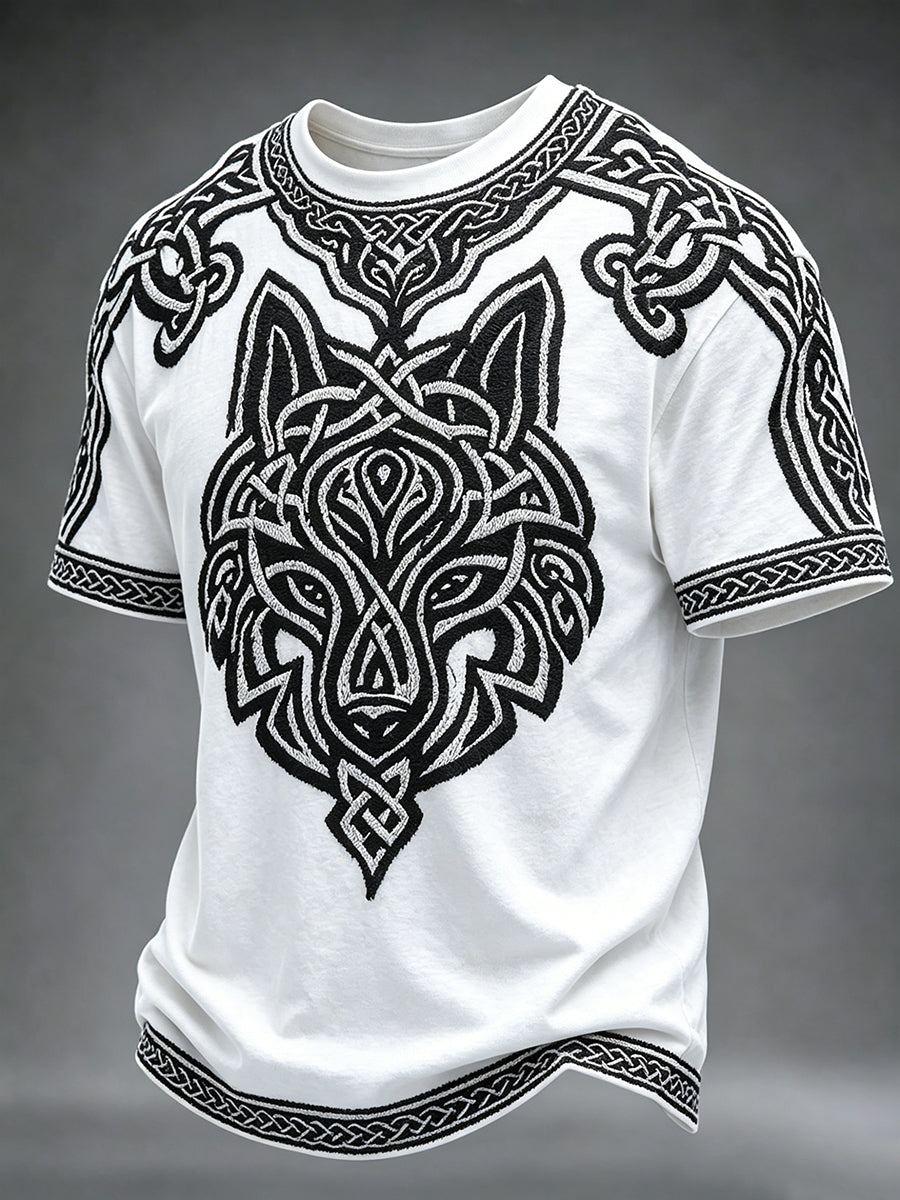 Herren-Viking‑Keltischer Wolf‑Kunstdruck Rundhals‑Kurzarm‑T‑Shirt