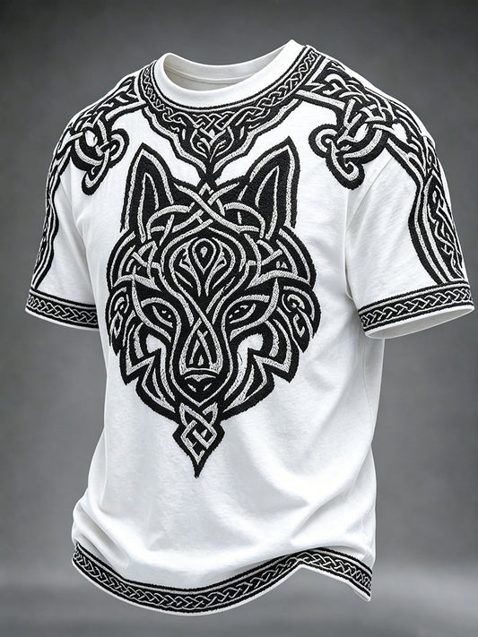 Herren-Viking‑Keltischer Wolf‑Kunstdruck Rundhals‑Kurzarm‑T‑Shirt