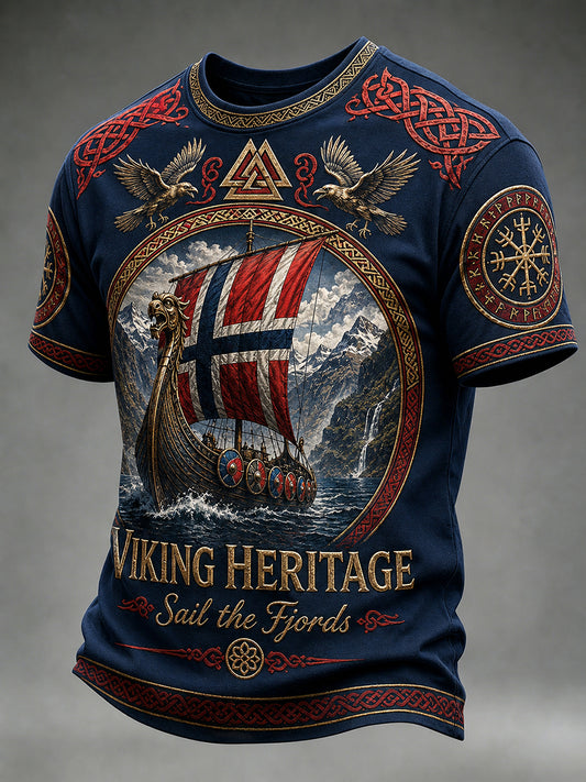 Retro nordische norwegische Wikinger skandinavische Kunstdruck-Lässig-T‑Shirt