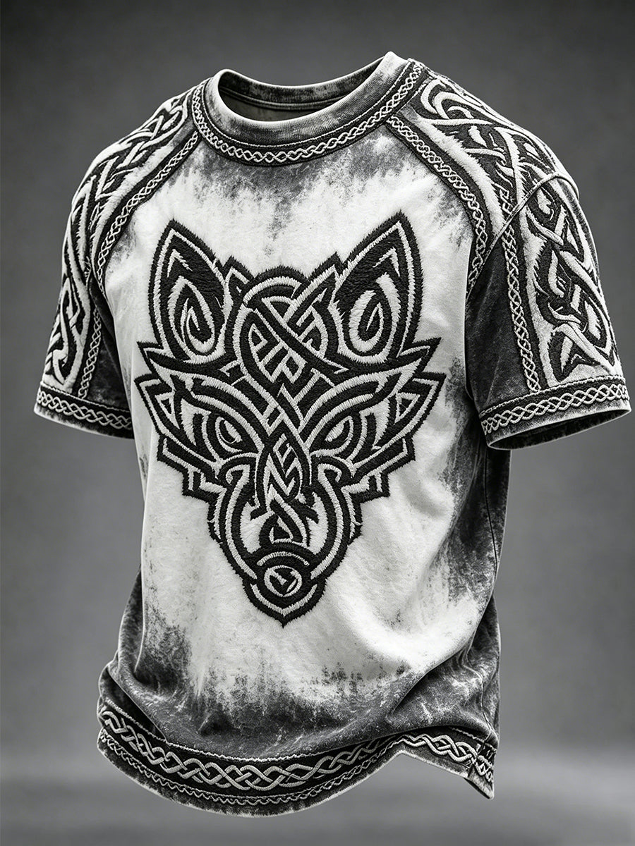 Herren-Vintage-T-Shirt im Wikinger-Keltischen Stil mit Wolfsmotiv und Kurzärmeln