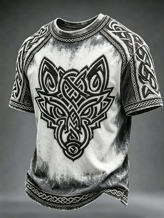 Herren-Vintage-T-Shirt im Wikinger-Keltischen Stil mit Wolfsmotiv und Kurzärmeln