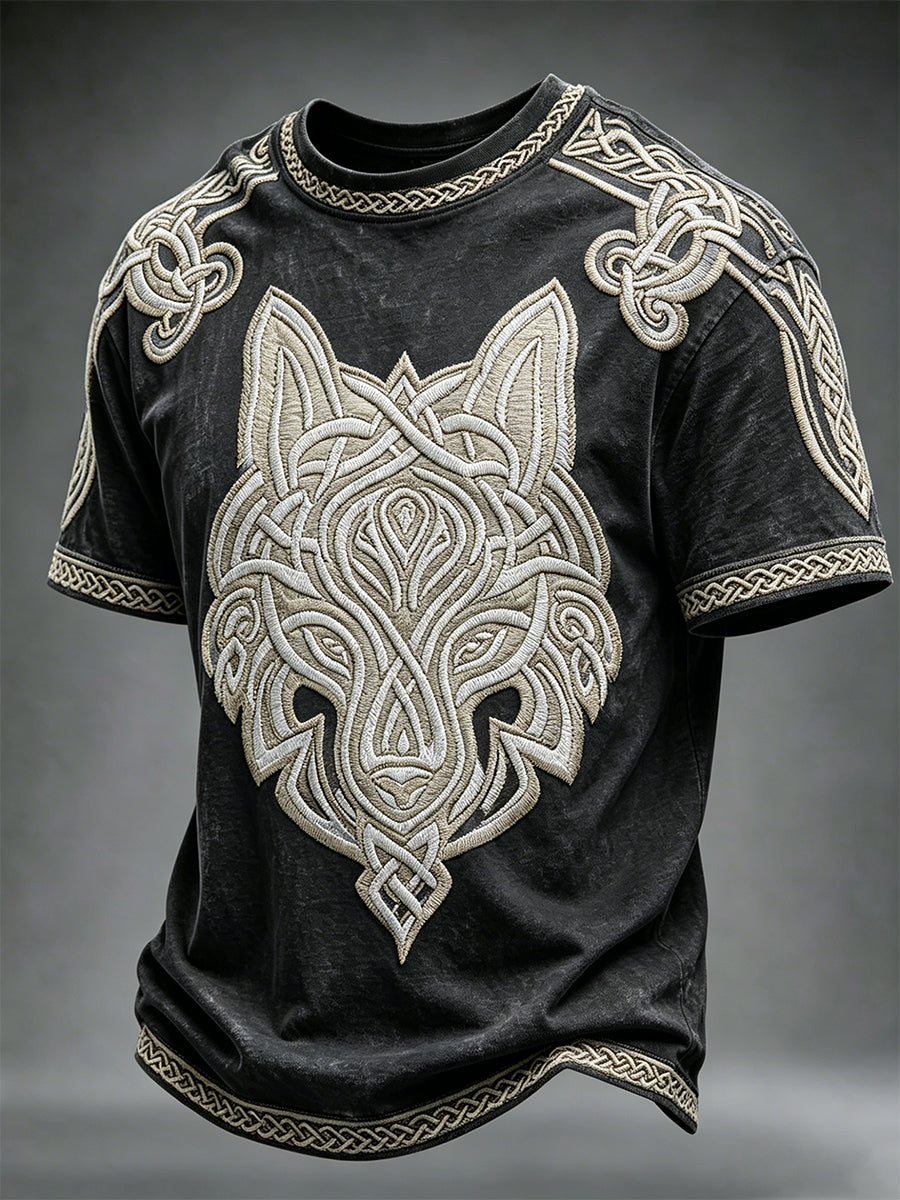 Herren-Vintage-T-Shirt im Wikinger-Keltischen Stil mit Wolfsmotiv und Kurzärmeln