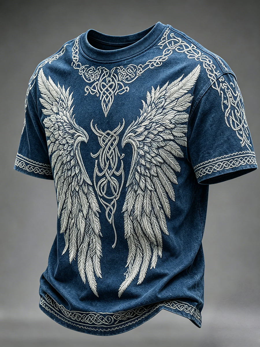 Herren-Vintage-T-Shirt mit keltischem Wikingerknoten und Flügelmotiv, Kurzarm