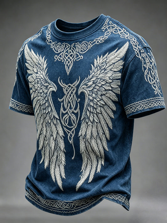 Herren-Vintage-T-Shirt mit keltischem Wikingerknoten und Flügelmotiv, Kurzarm