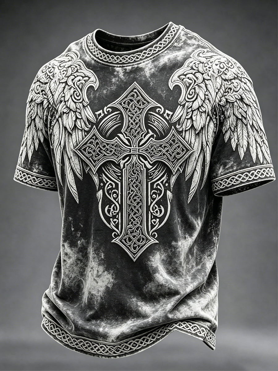 Herren-Vintage-T-Shirt mit Wikinger-Keltischem Kreuz und Flügelmotiv, Kurzarm