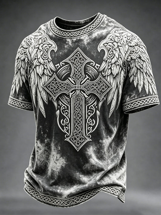 Herren-Vintage-T-Shirt mit Wikinger-Keltischem Kreuz und Flügelmotiv, Kurzarm