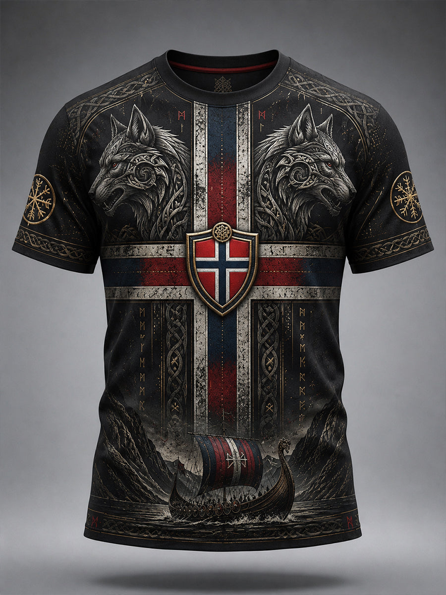 Retro nordische norwegische Wikinger-Kunstdruck-Lässig-T-Shirt
