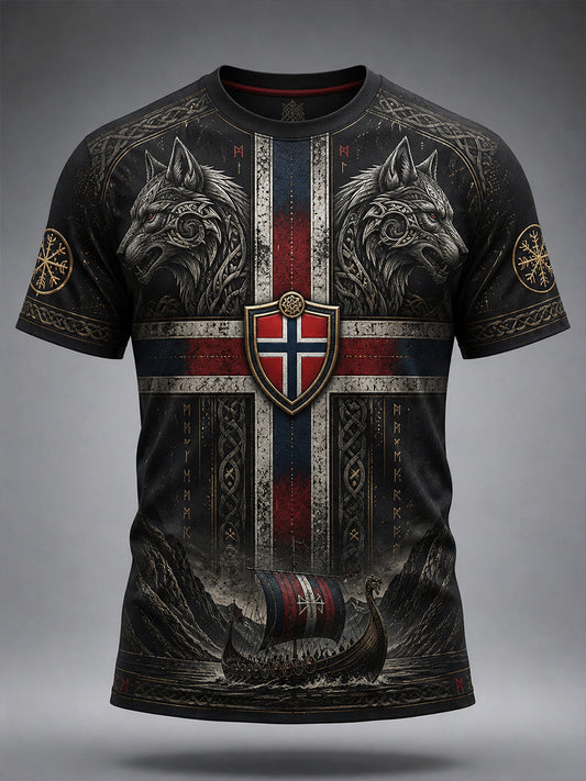 Retro nordische norwegische Wikinger-Kunstdruck-Lässig-T-Shirt
