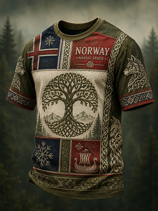 Retro nordische norwegische Wikinger-Kunstdruck-Lässig-T-Shirt