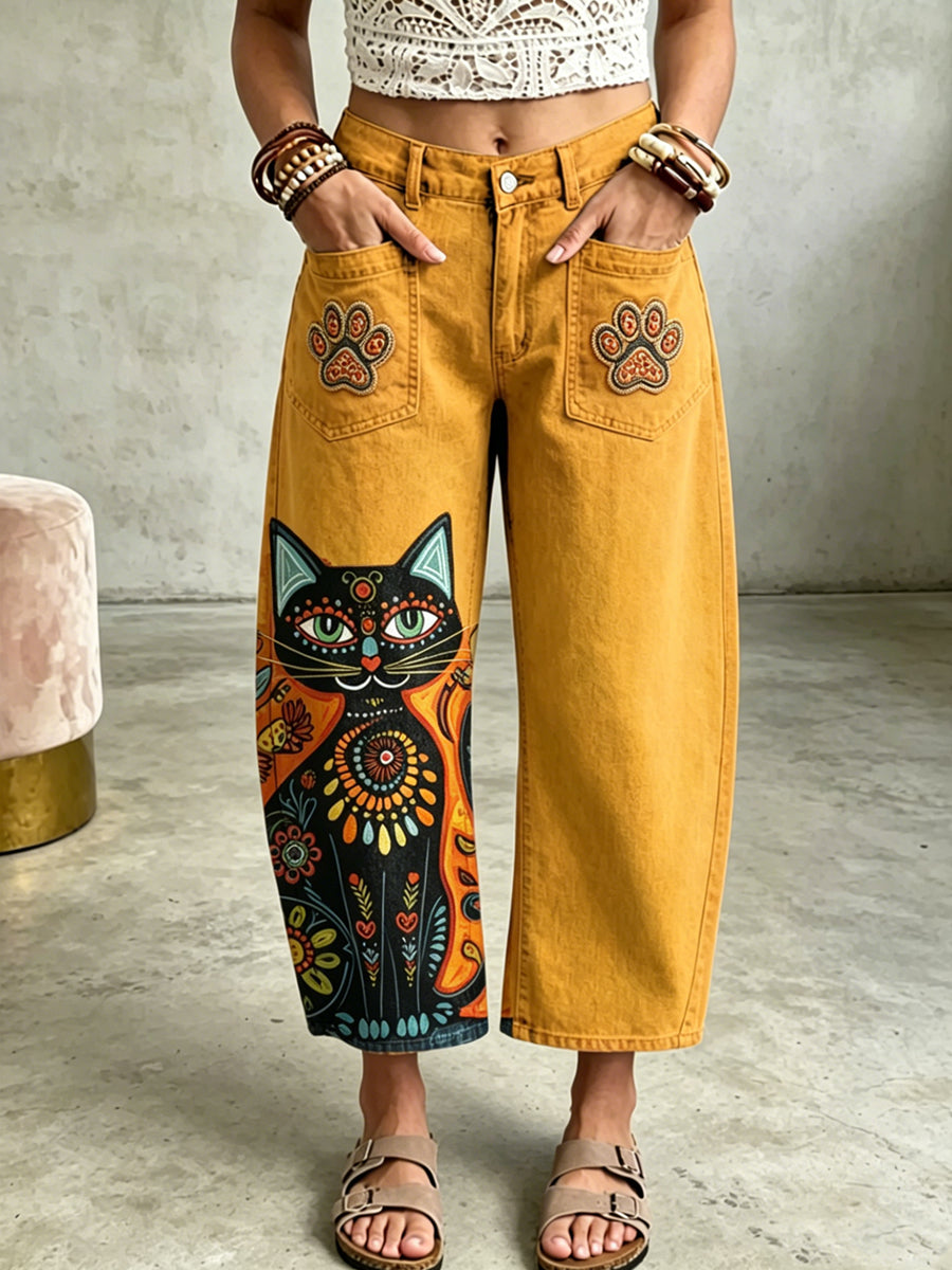 Damenhose mit Tierkatzen-Kunstdruck und Taschen
