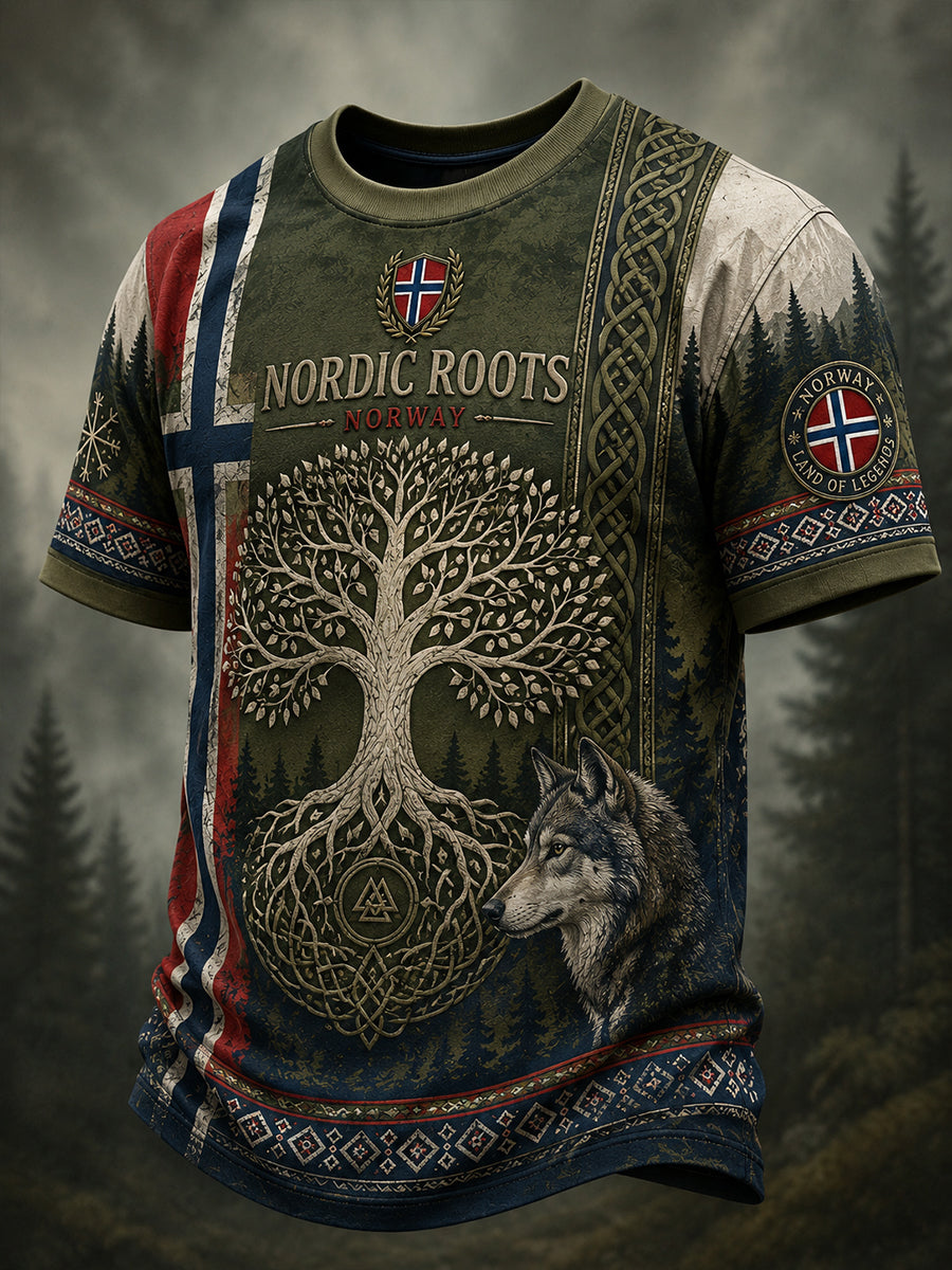 Retro nordische norwegische Wikinger-Kunstdruck-Lässig-T-Shirt