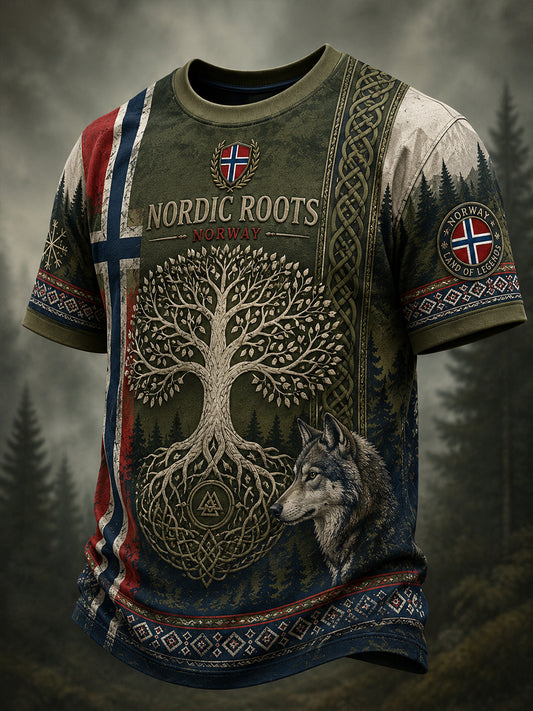 Retro nordische norwegische Wikinger-Kunstdruck-Lässig-T-Shirt