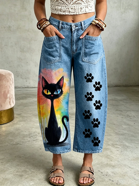Damenhose mit Tierkatzen-Kunstdruck und Taschen
