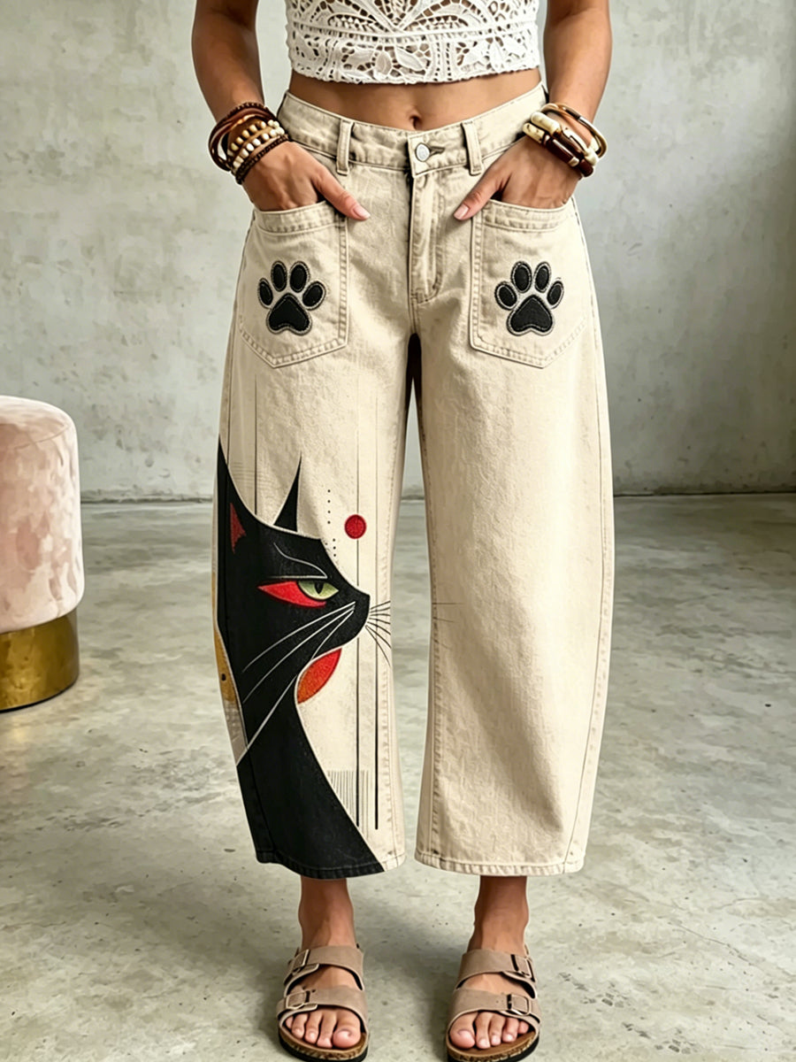 Damenhose mit Tierkatzen-Kunstdruck und Taschen