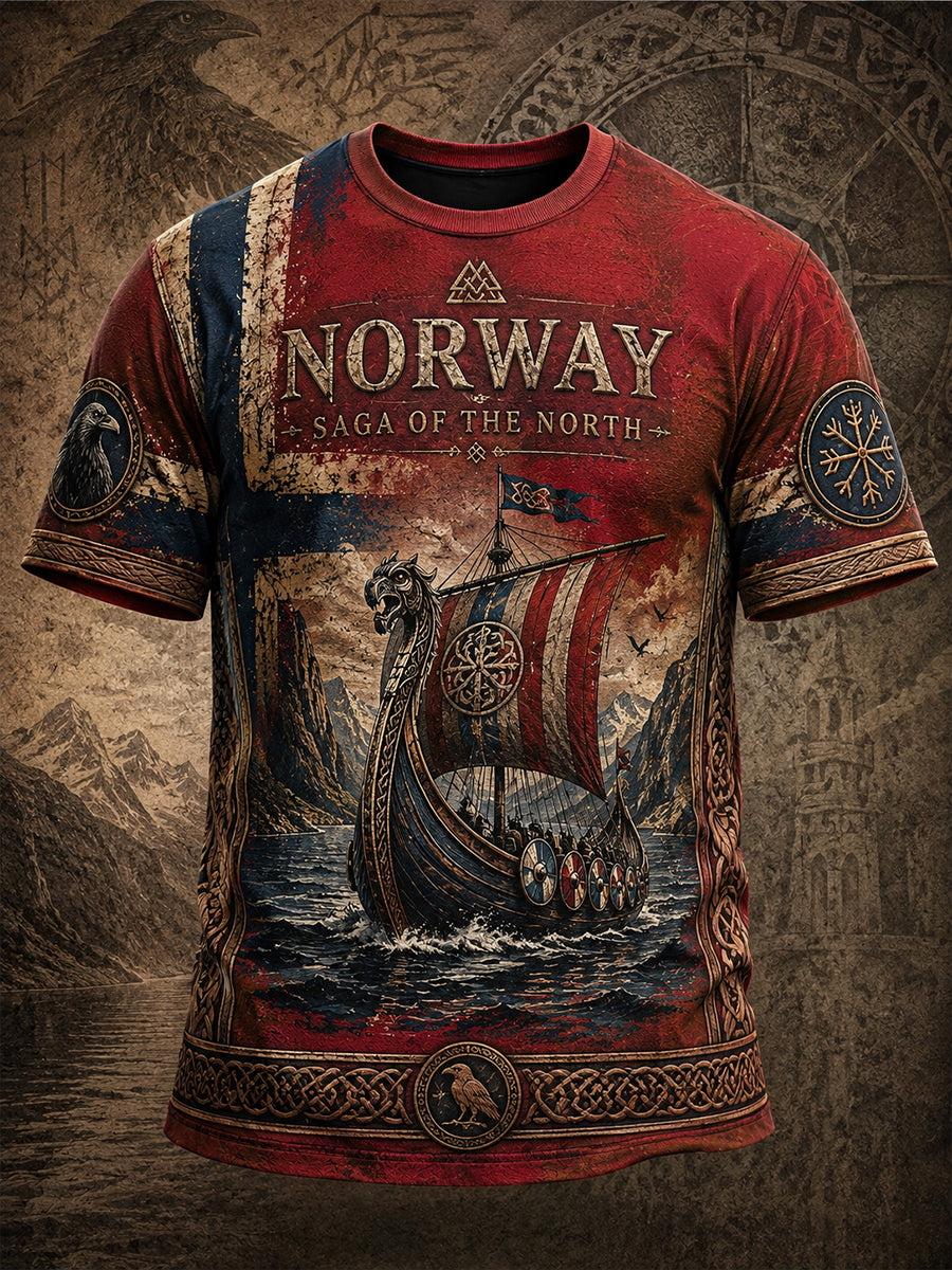 Retro nordische norwegische Wikinger-Kunstdruck-Lässig-T-Shirt