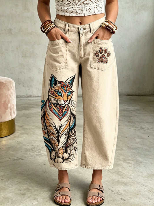 Damenhose mit Tierkatzen-Kunstdruck und Taschen