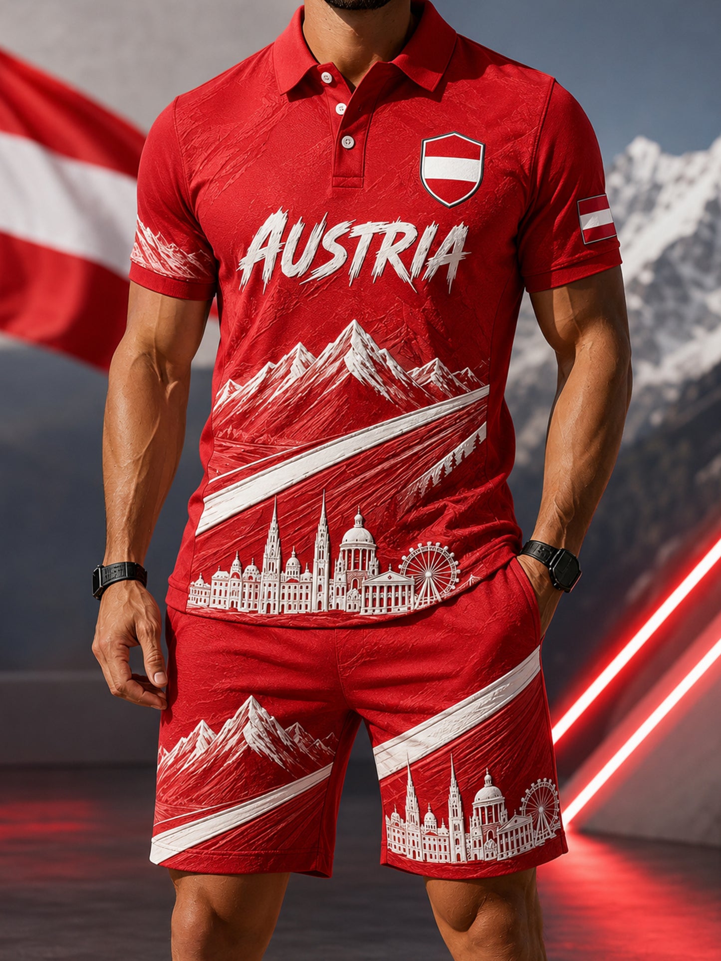 Männer-Österreich-Fußballspiel-Jubelkunstdruck-Polohemd