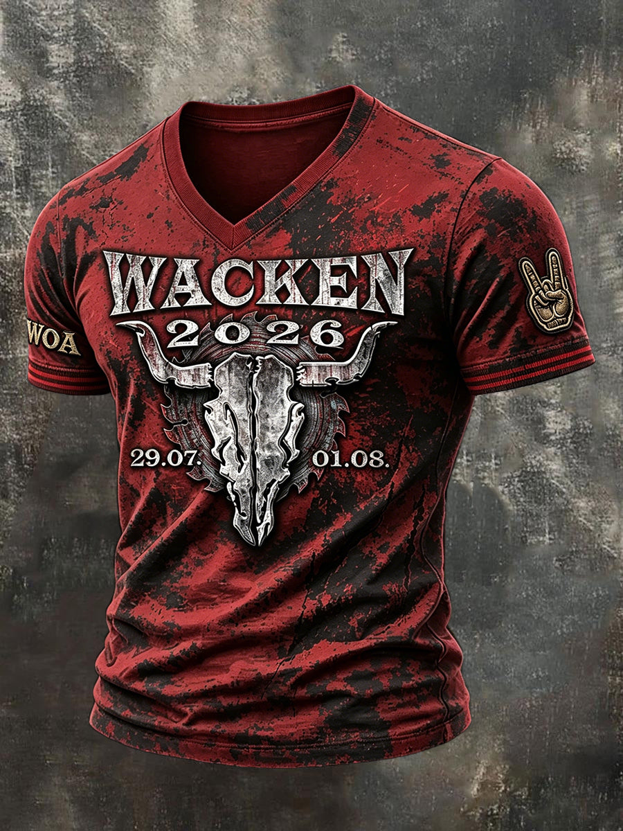 Herren-Rotes T-Shirt im Punk-Stil mit V-Ausschnitt und Wacken-Open-Air-Print – lässig und modisch