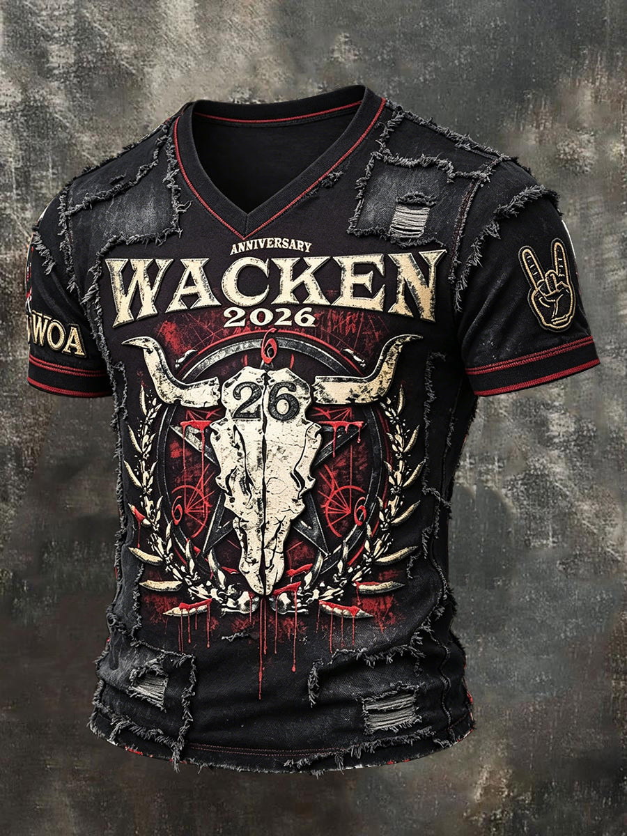 Herren-Vintage-Patchwork-T-Shirt im Wacken-Metal-Festival-Style mit V-Ausschnitt und lässigem Druck