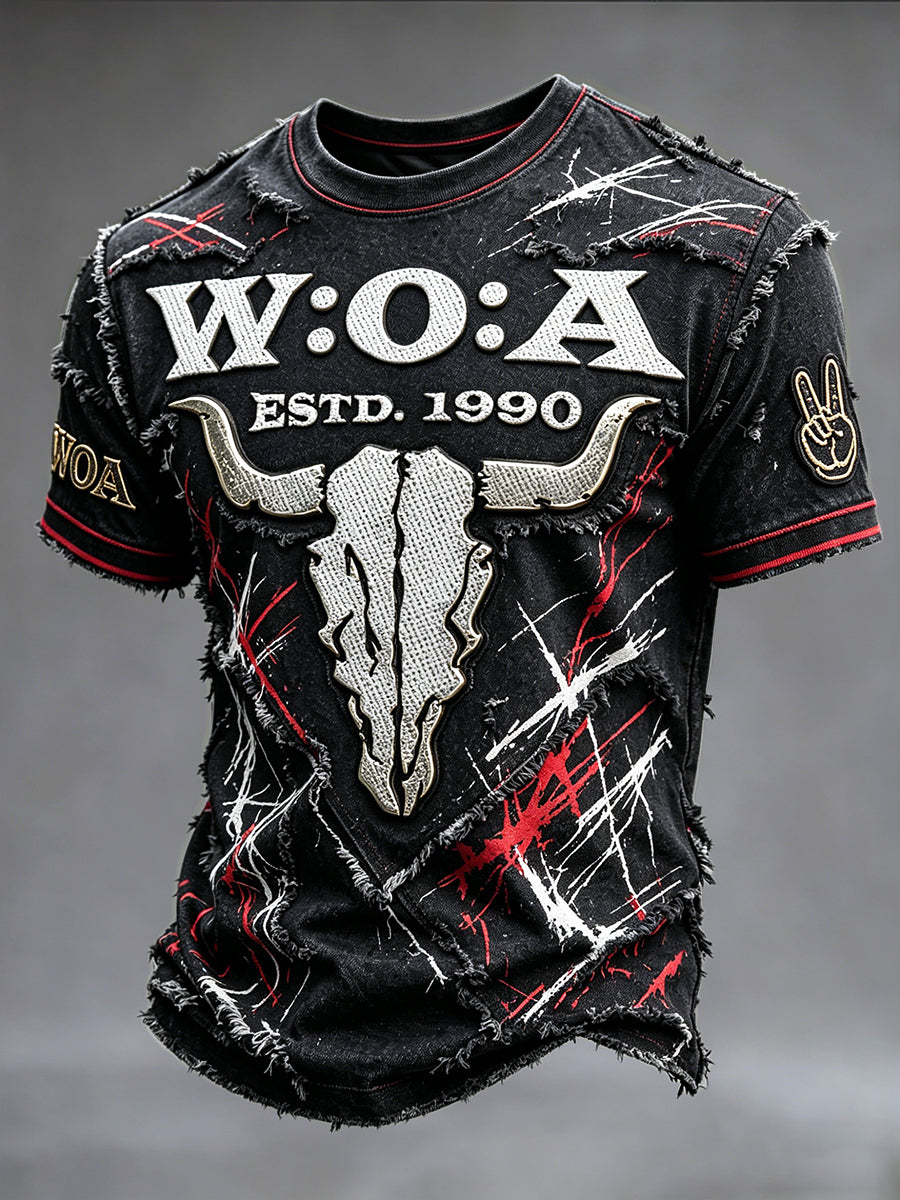 Herren-Vintage-Patchwork-T-Shirt im Wacken-Open-Air-Design, lässig