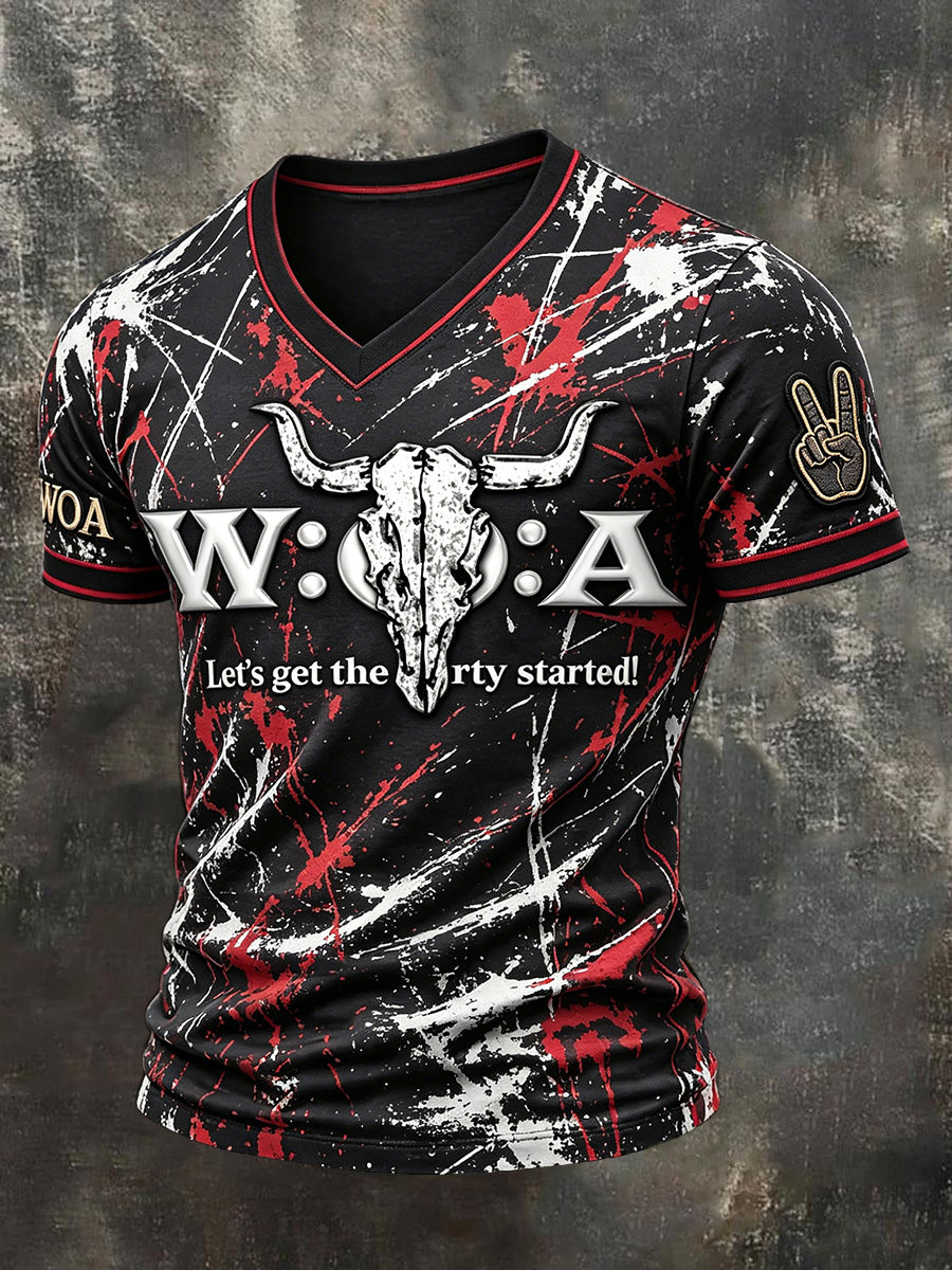 Herren-T-Shirt im Punk-Stil mit V-Ausschnitt und Wacken-Open-Air-Print – lässig und modisch