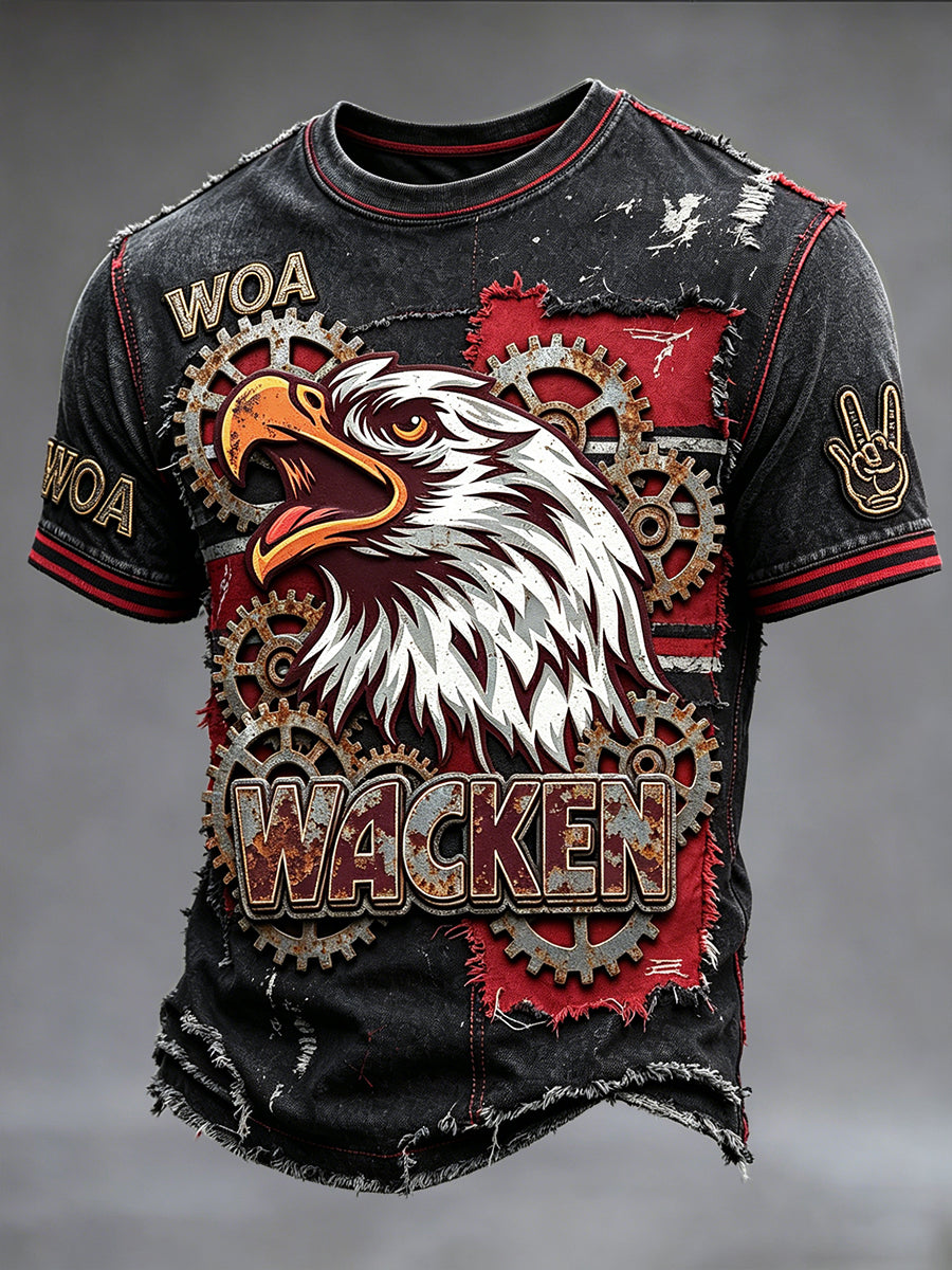 Herren-Vintage-Patchwork-T-Shirt im Wacken-Open-Air-Rockstyle mit Aufdruck, lässig geschnitten