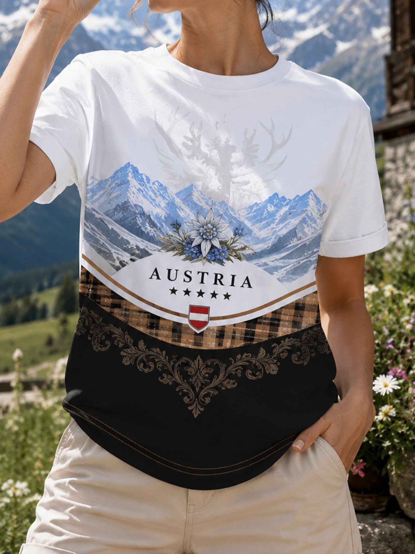 Damen-T-Shirt mit Kunstdruck eines österreichischen Naturlandschaftselements