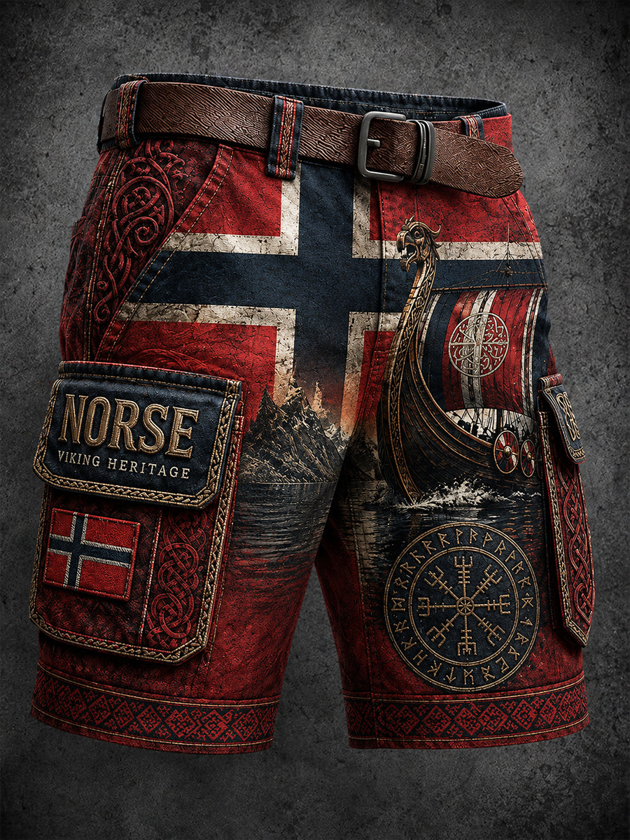 Herren-Retro-Shorts im nordischen Stil mit norwegischem Kunstdruck, lässig geschnitten