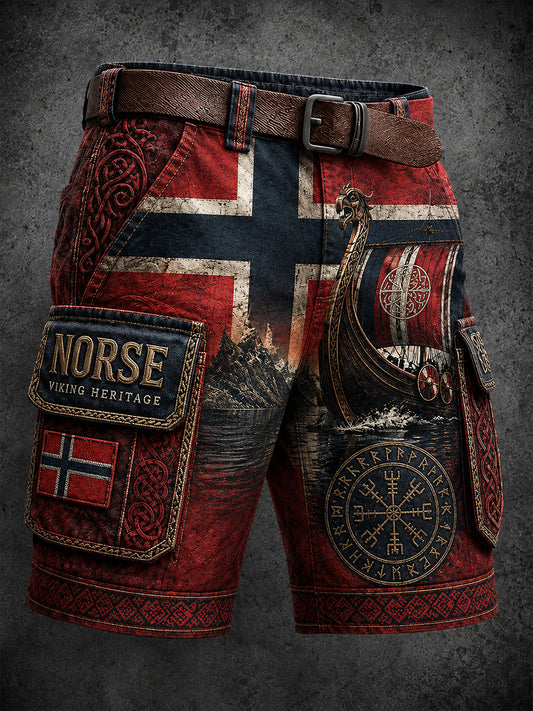 Herren-Retro-Shorts im nordischen Stil mit norwegischem Kunstdruck, lässig geschnitten