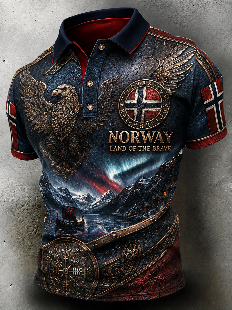 Herren-Poloshirt im Retro-Nordic-Stil mit norwegischem Kunstdruck
