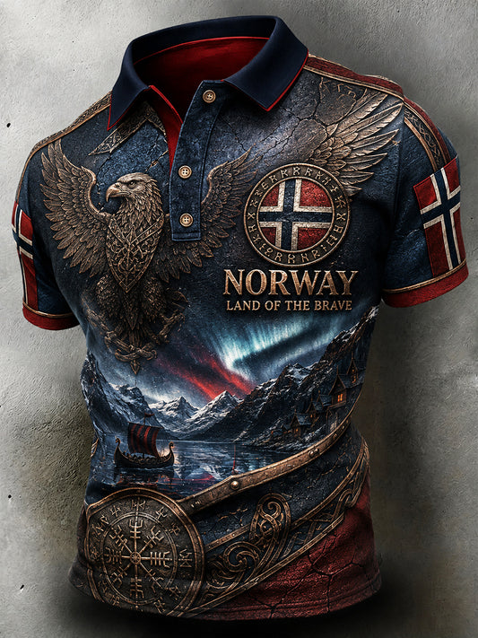 Herren-Poloshirt im Retro-Nordic-Stil mit norwegischem Kunstdruck