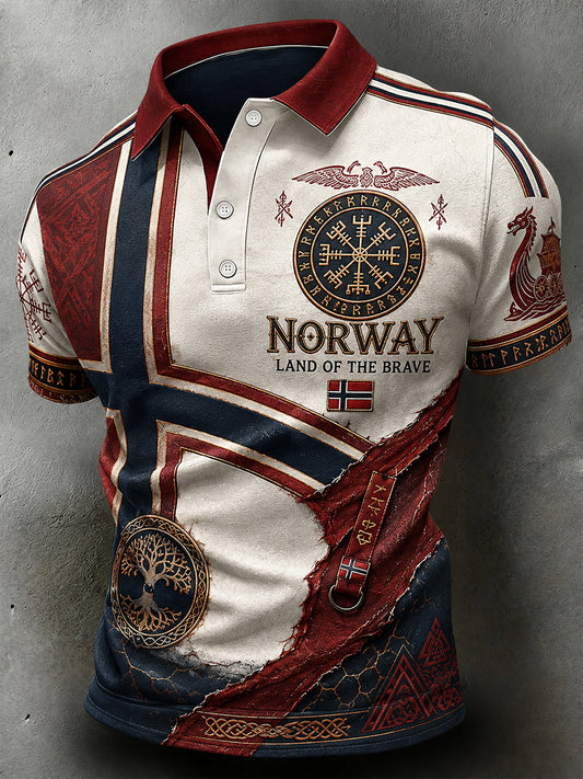 Herren-Poloshirt im Retro-Nordic-Stil mit norwegischem Kunstdruck