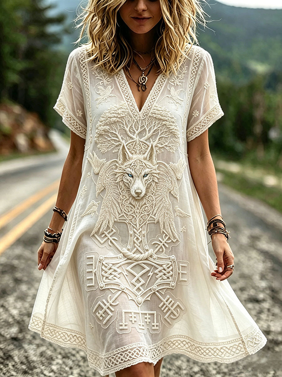 Kurzärmeliges Damenkleid mit Wikinger- und keltischem Wolf- & Raben-Print
