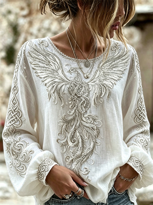 Damen-Elegantes Baumwoll-Leinen-Hemd mit keltischem Phoenix-Knoten-Muster