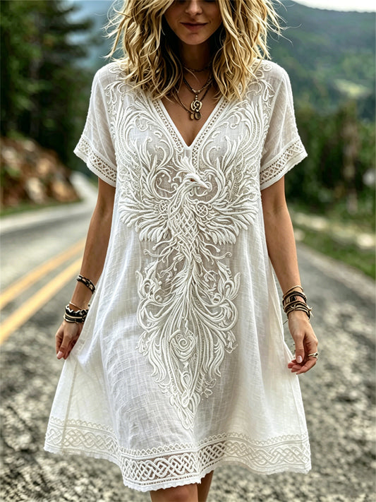 Damen-Vintage-Edelkleid mit keltischem Phönix-Muster und kurzen Ärmeln