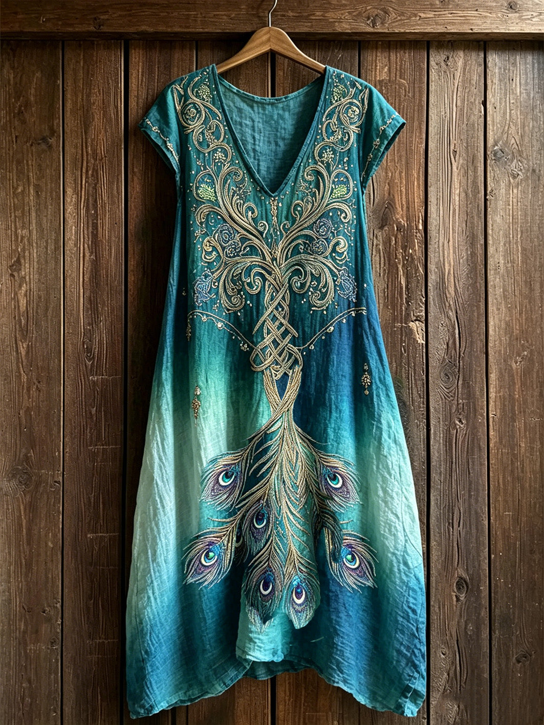 Damenkleid mit kurzem Ärmel, im Retro-Stil, mit aufgedrucktem Muster aus Pfauen- und Wikinger-Elementen kombiniert