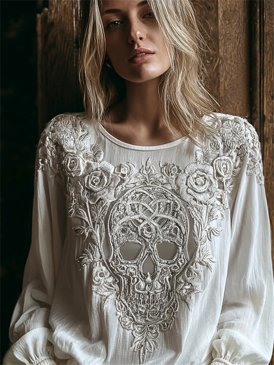 Damen-Viking-Hemd aus Baumwolle-Leinen mit Vintage-Keltendesign, Totenkopf und floraler Rosen-Print