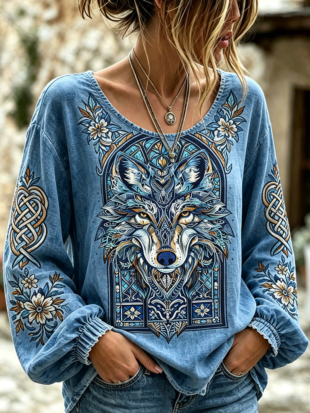 Damenhemd aus Baumwolle und Leinen mit aufgedrucktem Retro-Vikinger-Wolf-Muster