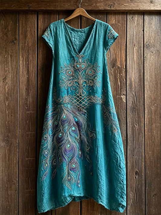 Damenkleid mit kurzem Ärmel, im Retro-Stil, mit aufgedrucktem Muster aus Pfauen- und Wikinger-Elementen kombiniert