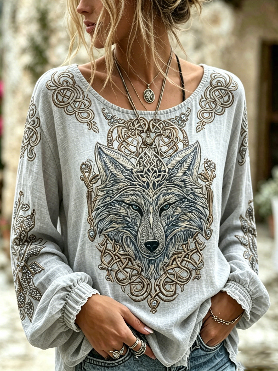 Damenhemd aus Baumwolle und Leinen mit aufgedrucktem Retro-Vikinger-Wolf-Muster