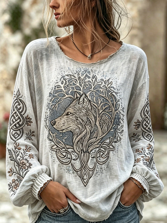 Damenhemd aus Baumwolle und Leinen mit aufgedrucktem Retro-Vikinger-Wolf-Muster