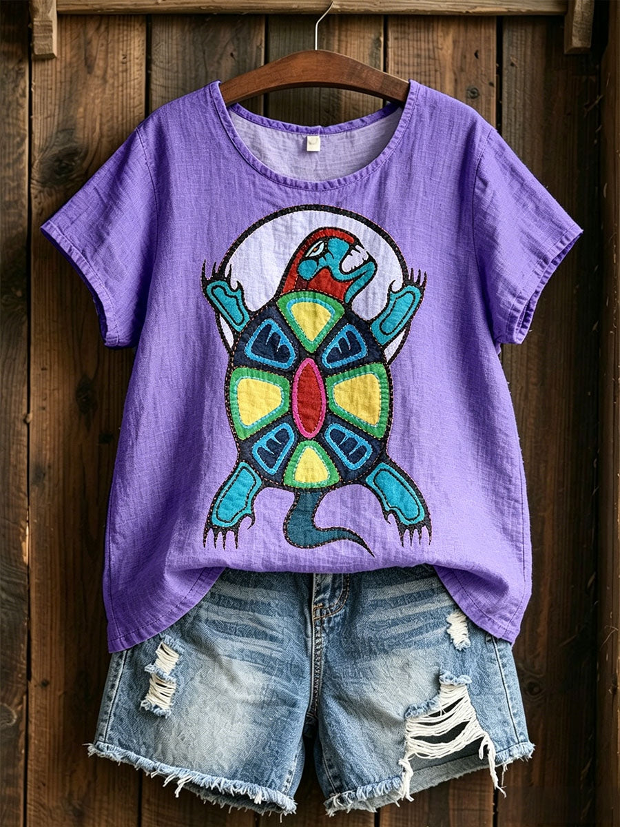 Indigenes Kunstmotiv für Damen Baumwoll-Leinen-Hemd