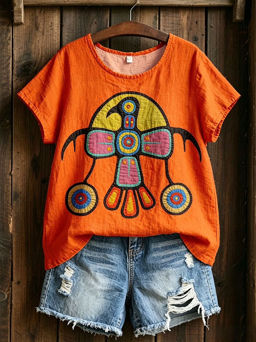 Indigenes Kunstmotiv für Damen Baumwoll-Leinen-Hemd
