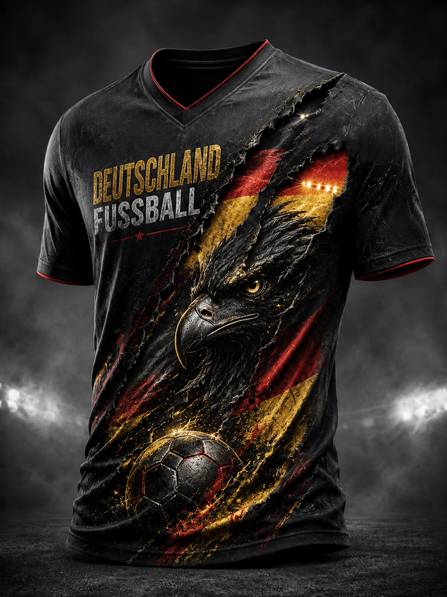 Herren-T-Shirt mit Adler- und Fußballmotiv, V-Ausschnitt