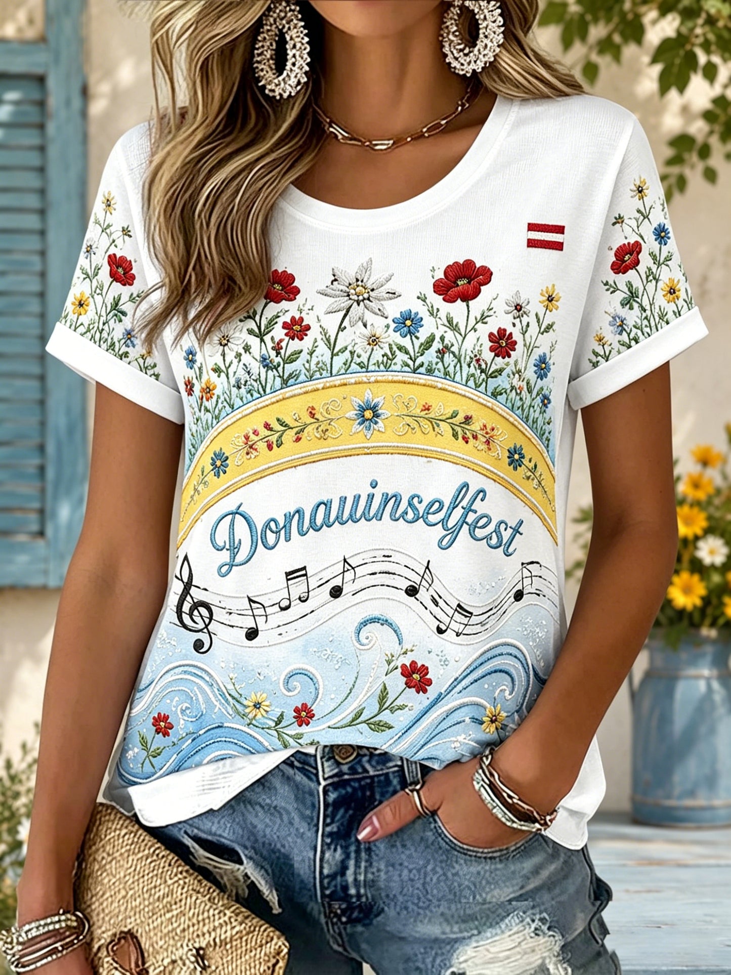 Damen-T-Shirt mit Kunstdruck zur Erinnerung an das österreichische Donauinsel-Festival