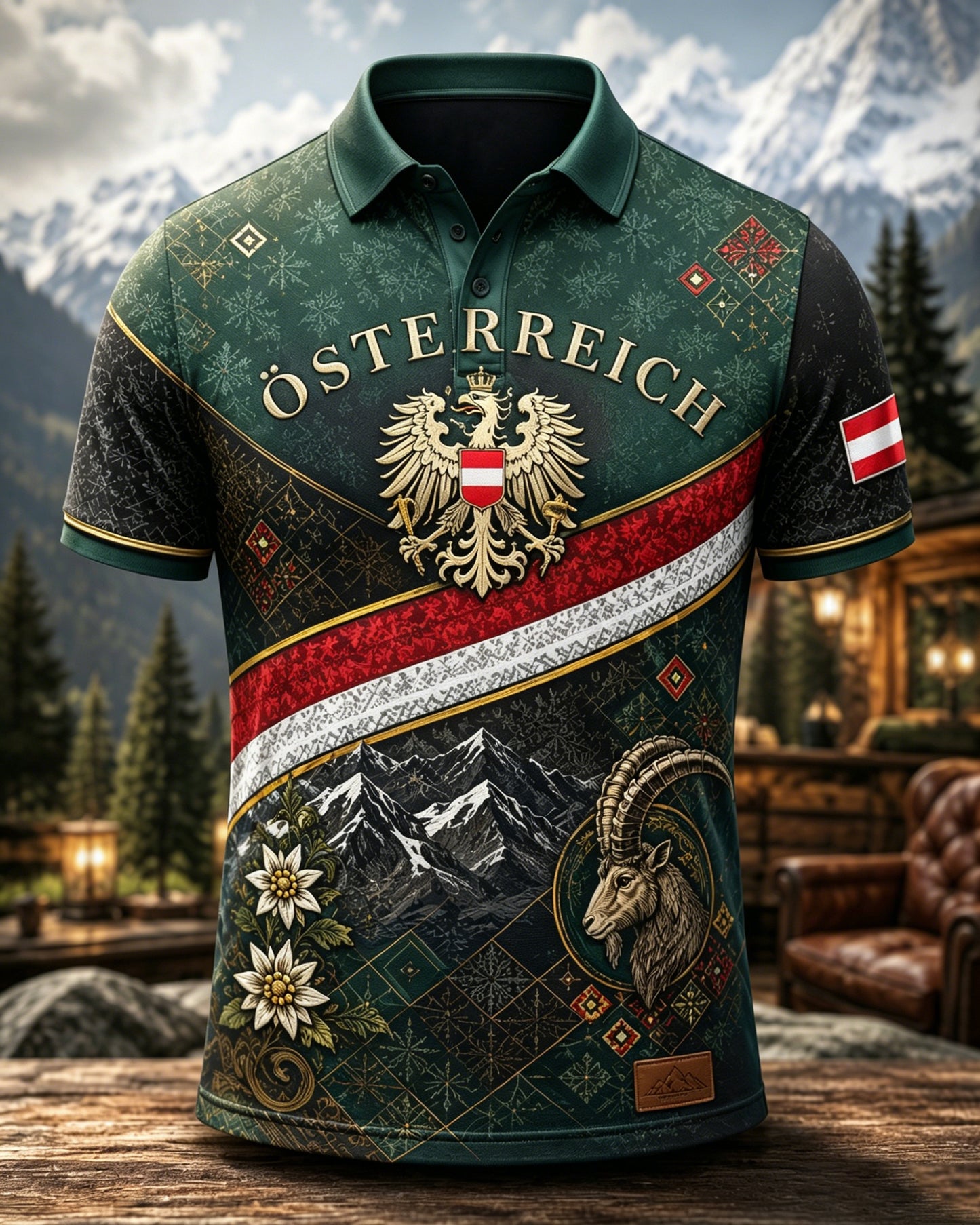 Herren-Poloshirt mit Kunstdruck im österreichischen Landschaftsstil