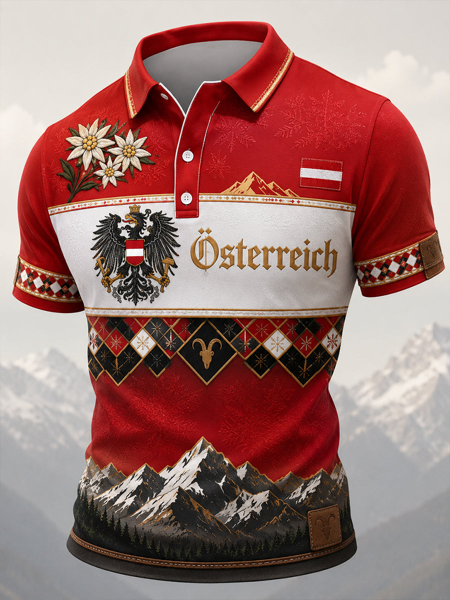 Herren-Poloshirt mit Kunstdruck im österreichischen Landschaftsstil