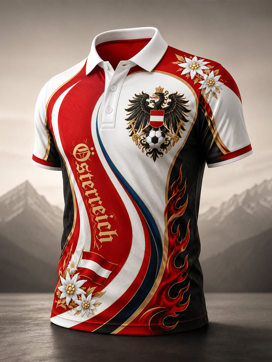 Herren-Poloshirt mit Kunstdruck zum Anfeuern bei österreichischen Fußballspielen